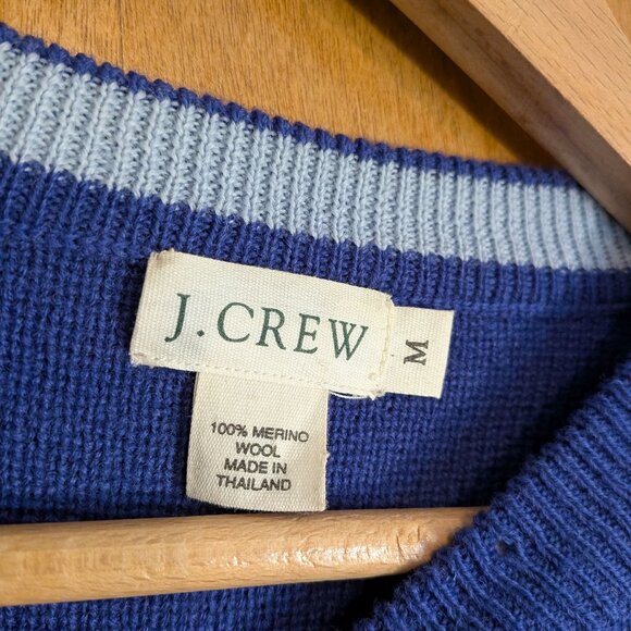 Vintage J Crew merlino wool crew neck sweater blue red 1990s size M - Picture 2 of 7
